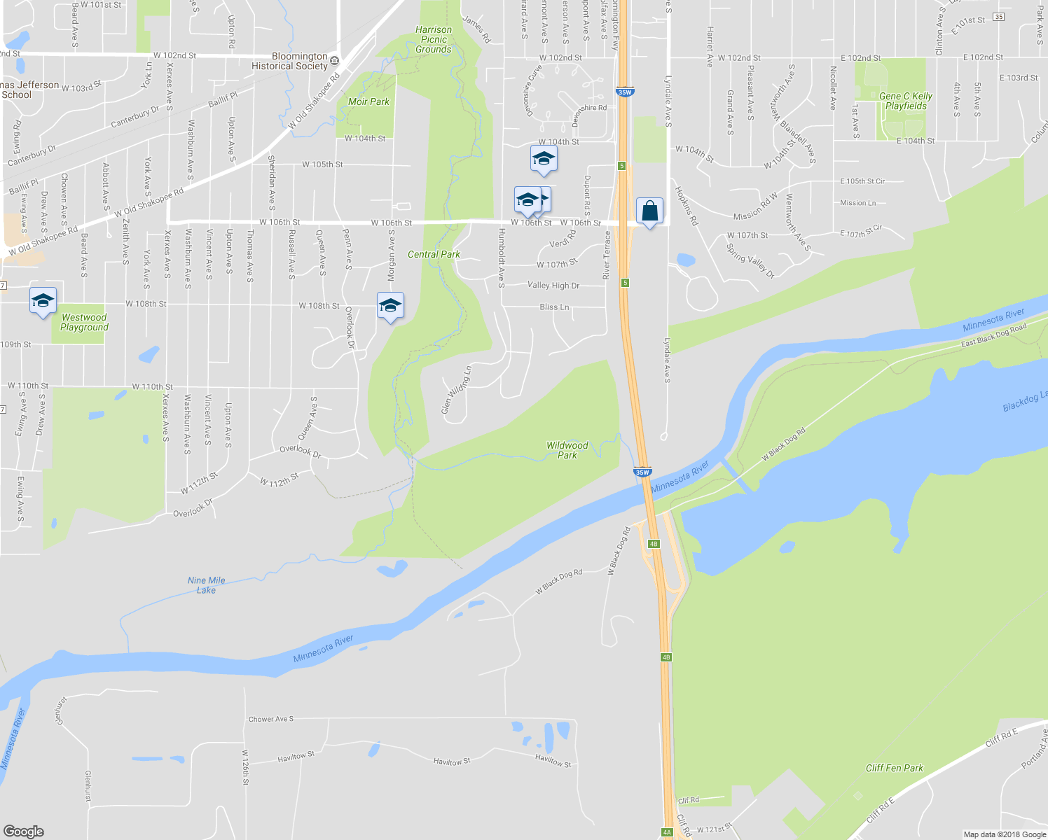 map of restaurants, bars, coffee shops, grocery stores, and more near 11101 Humboldt Avenue South in Bloomington