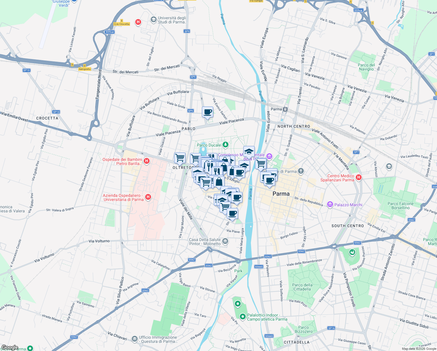 map of restaurants, bars, coffee shops, grocery stores, and more near 11 Strada Giovanni Inzani in Parma