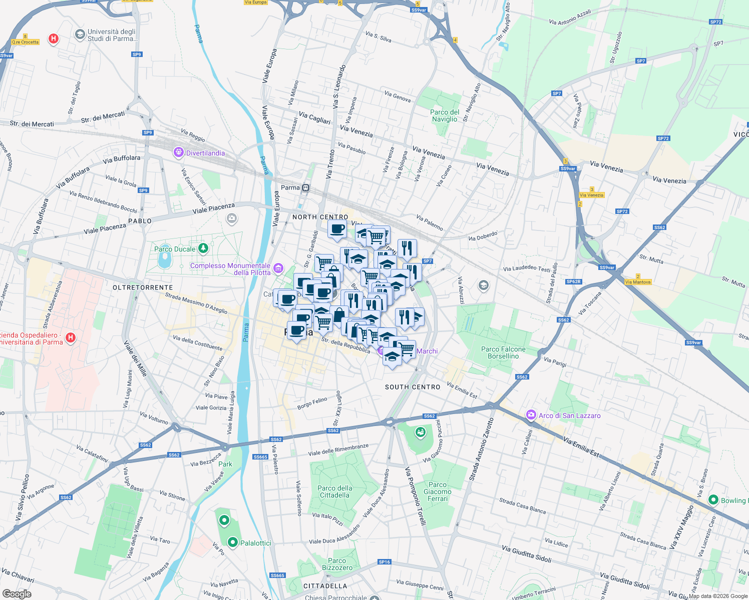 map of restaurants, bars, coffee shops, grocery stores, and more near 2-6 Borgo Pace in Parma