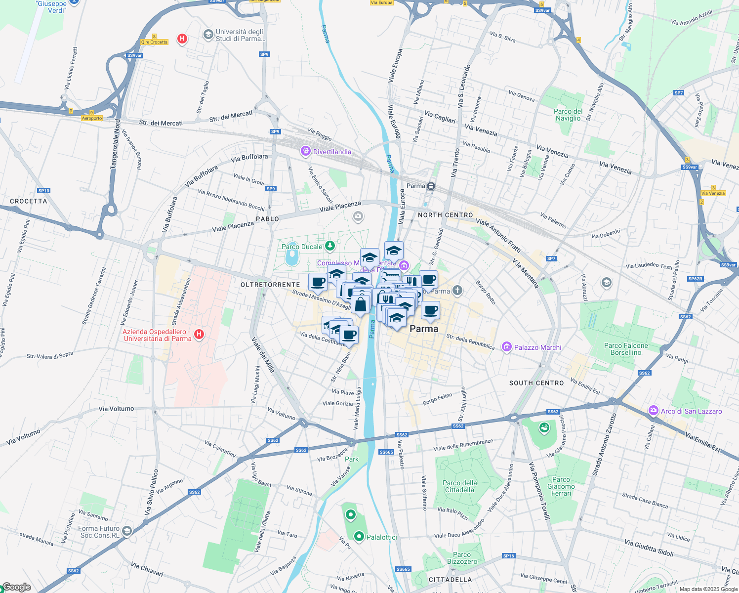 map of restaurants, bars, coffee shops, grocery stores, and more near 10 Via dei Farnese in Parma