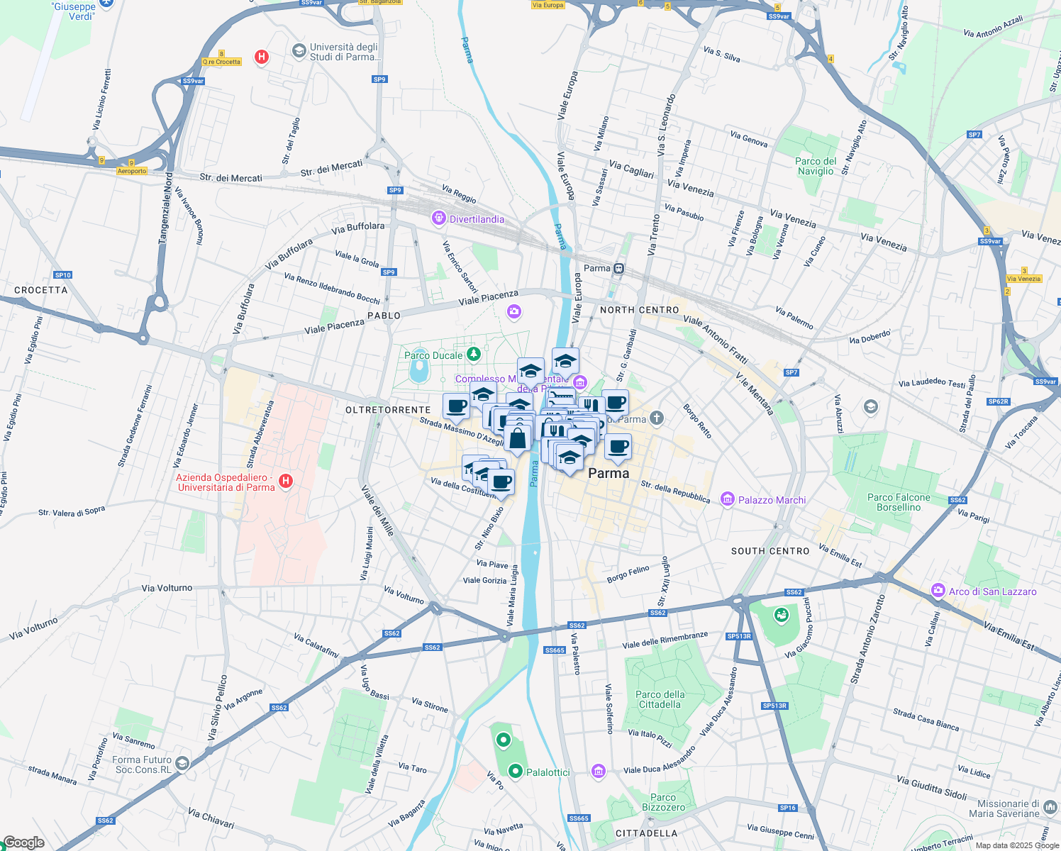 map of restaurants, bars, coffee shops, grocery stores, and more near 10 Via dei Farnese in Parma