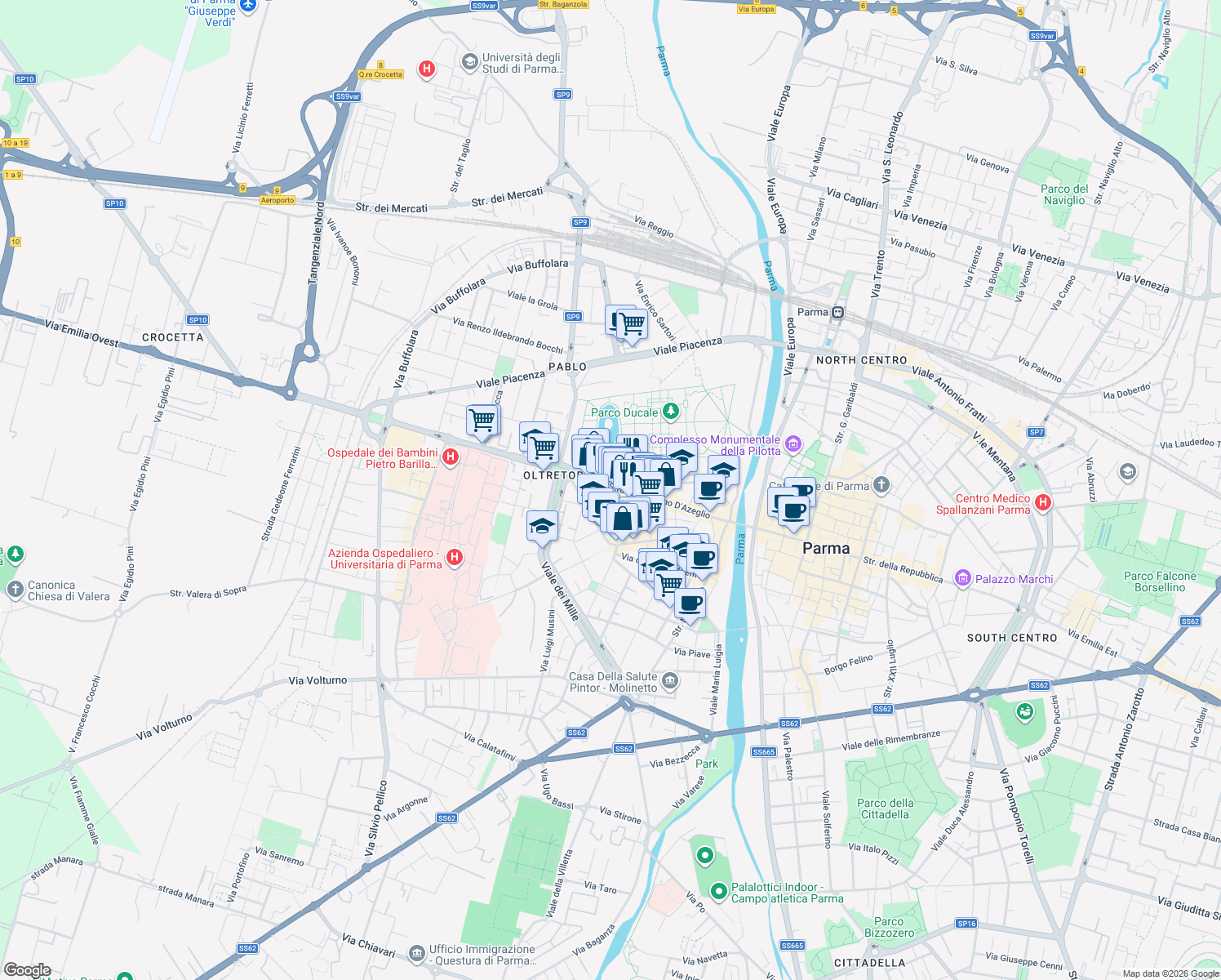 map of restaurants, bars, coffee shops, grocery stores, and more near 8 Via Santa Maria in Parma