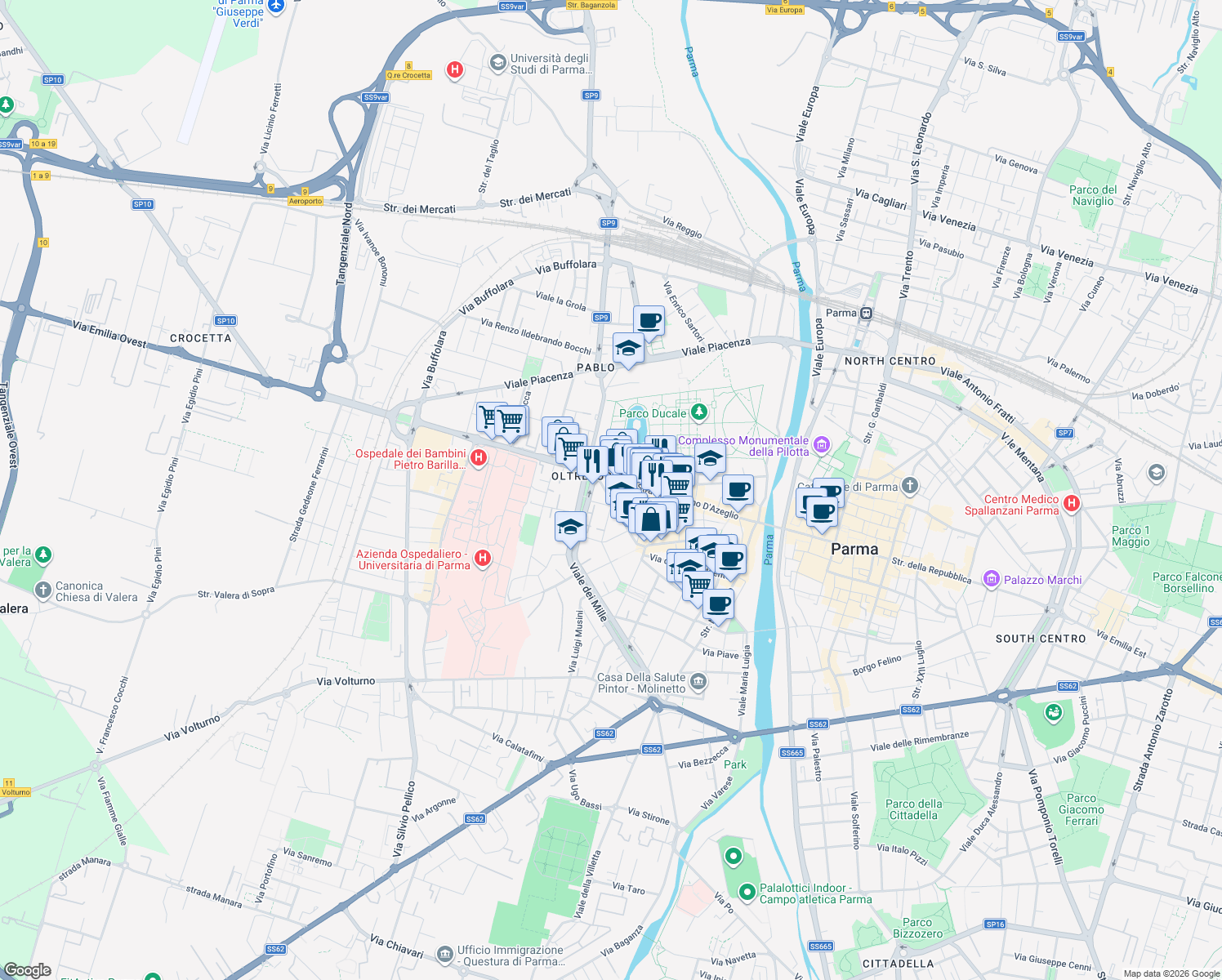 map of restaurants, bars, coffee shops, grocery stores, and more near 4 Via Antonio Cocconcelli in Parma