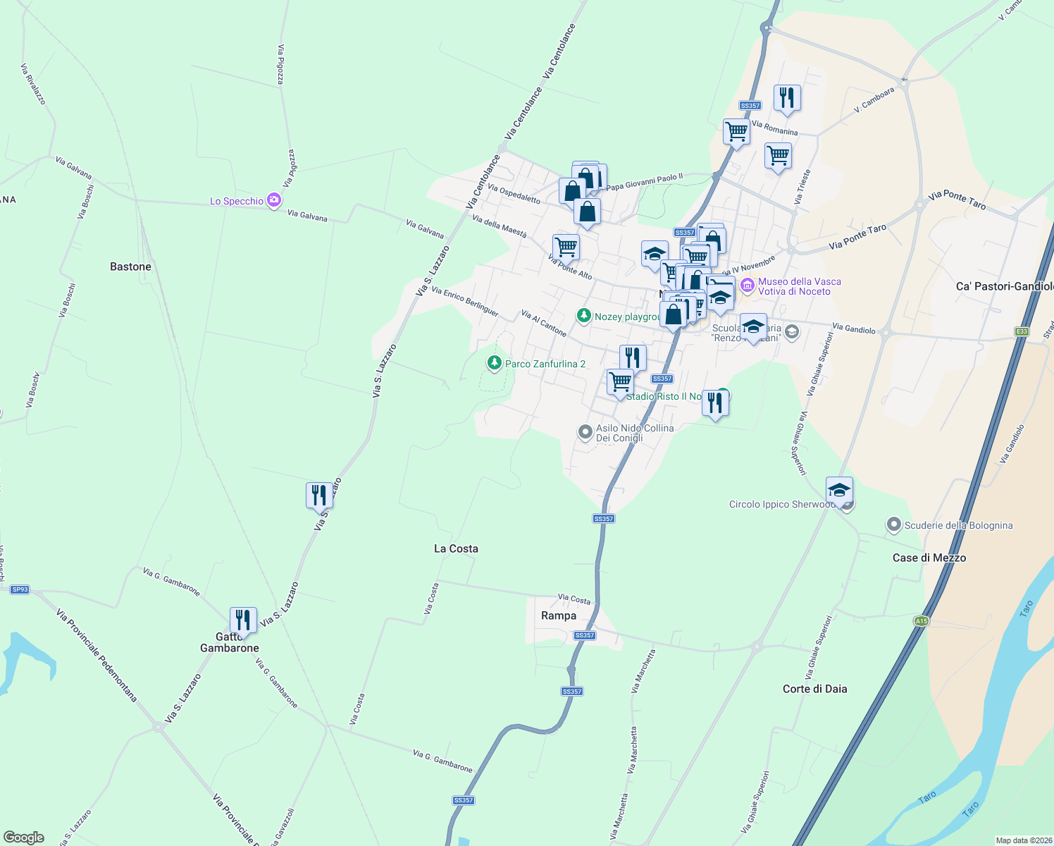 map of restaurants, bars, coffee shops, grocery stores, and more near 19 Via Sadino in Noceto
