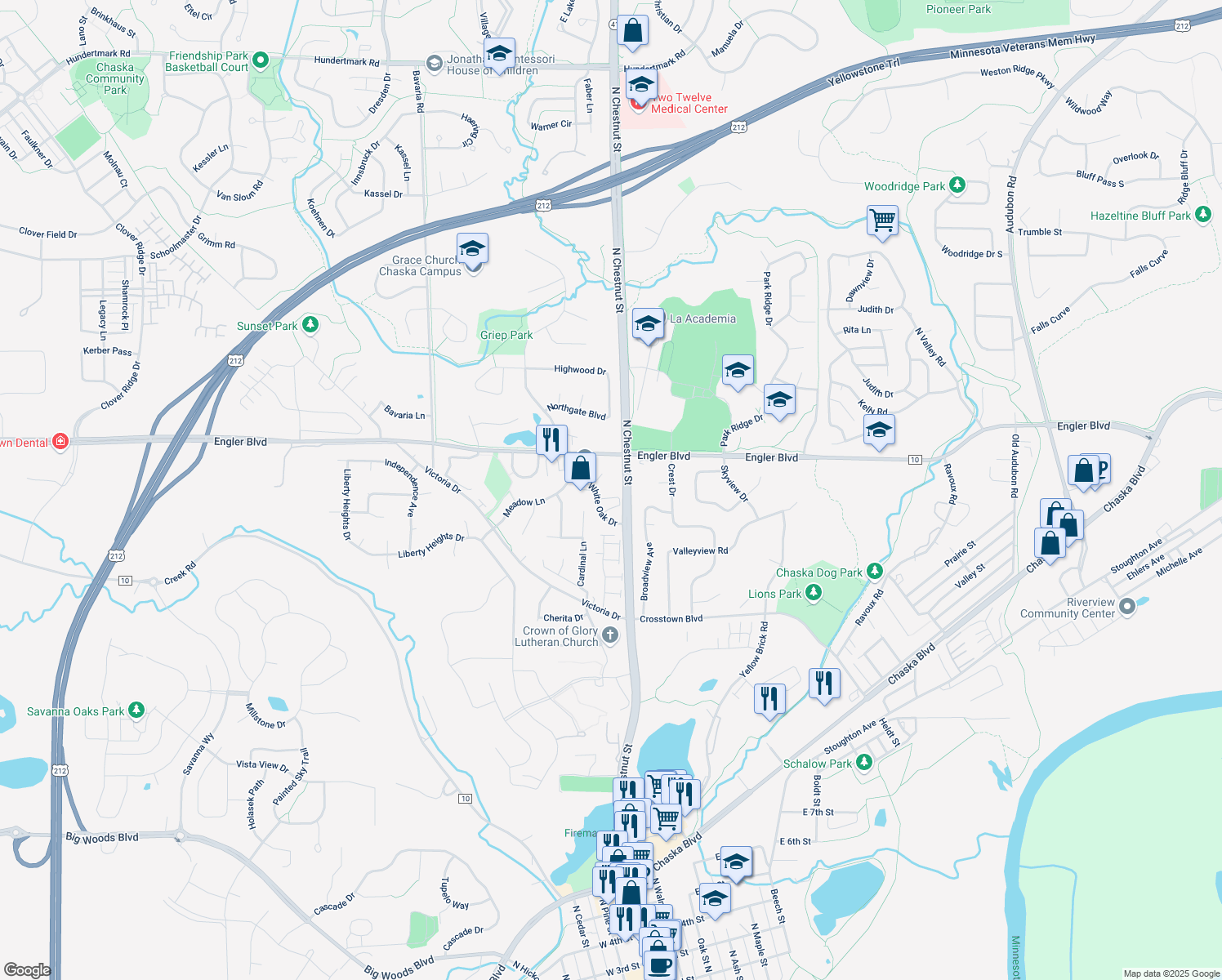 map of restaurants, bars, coffee shops, grocery stores, and more near 1445 White Oak Drive in Chaska