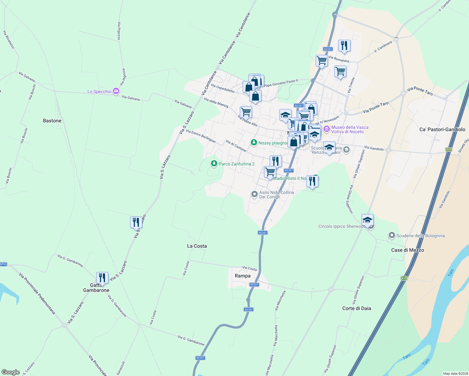 map of restaurants, bars, coffee shops, grocery stores, and more near 19 Via Sadino in Noceto