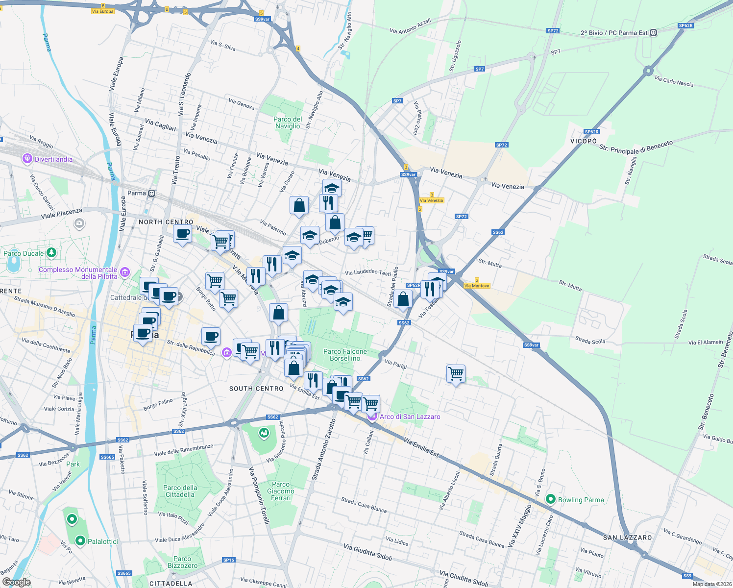 map of restaurants, bars, coffee shops, grocery stores, and more near 32 Via Toscana in Parma
