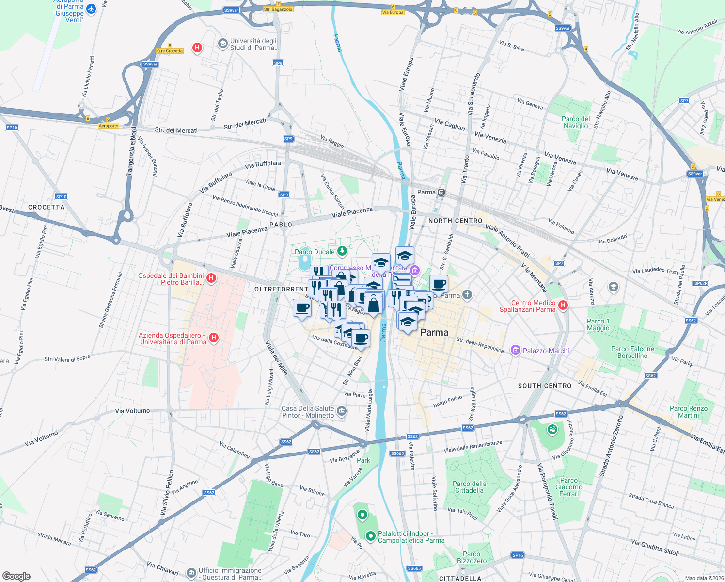 map of restaurants, bars, coffee shops, grocery stores, and more near 3-13 Borgo Bosazza in Parma