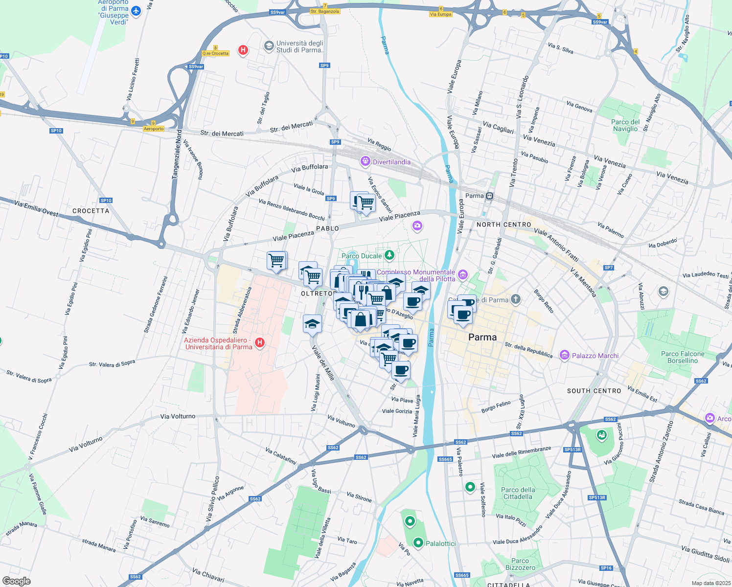 map of restaurants, bars, coffee shops, grocery stores, and more near 8 Via Santa Maria in Parma