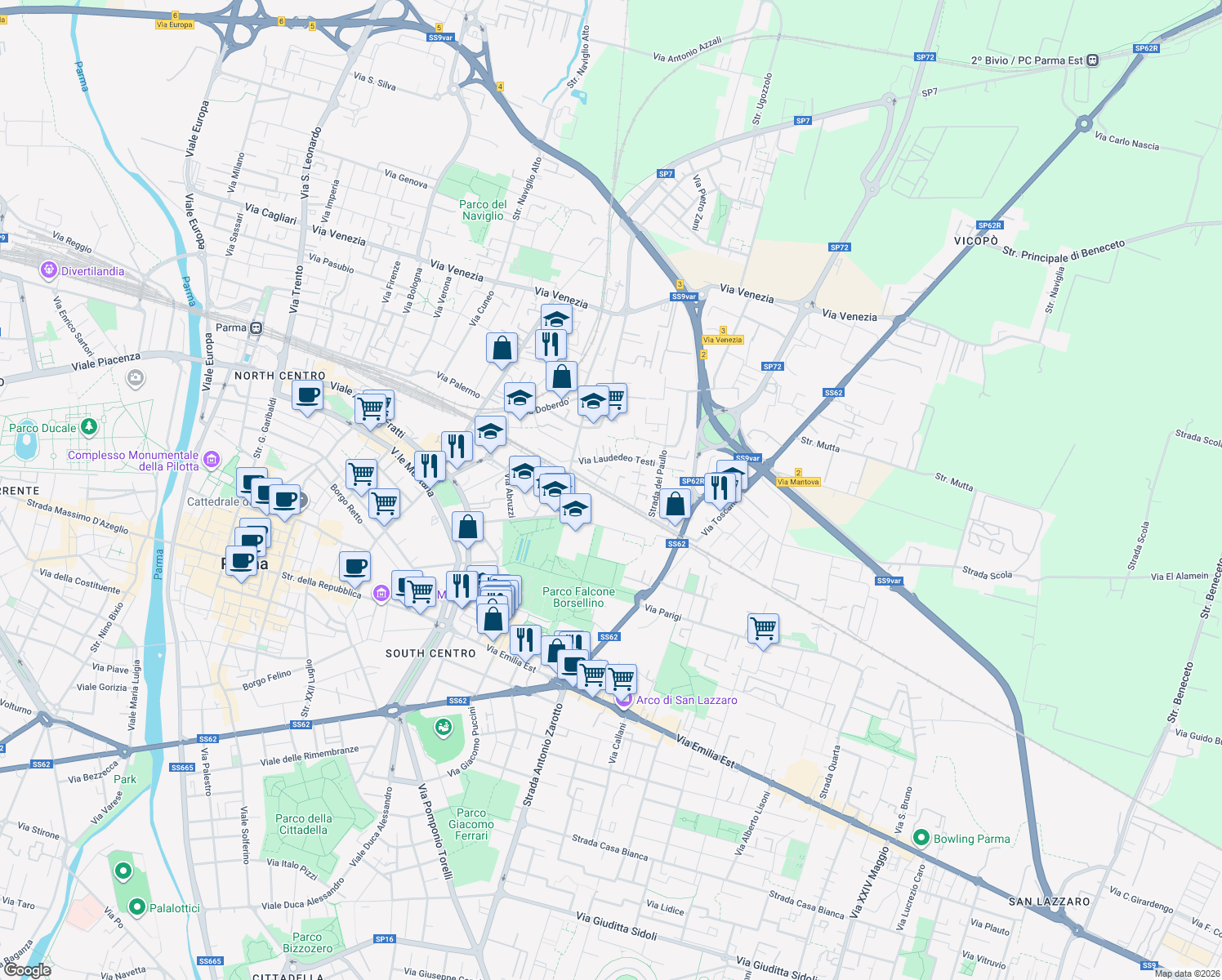 map of restaurants, bars, coffee shops, grocery stores, and more near 32 Via Toscana in Parma