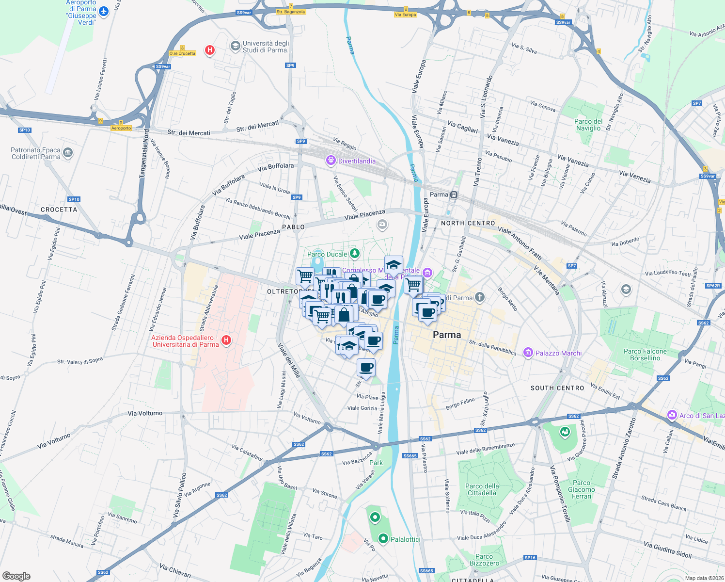 map of restaurants, bars, coffee shops, grocery stores, and more near 3 Vicolo Grossardi in Parma