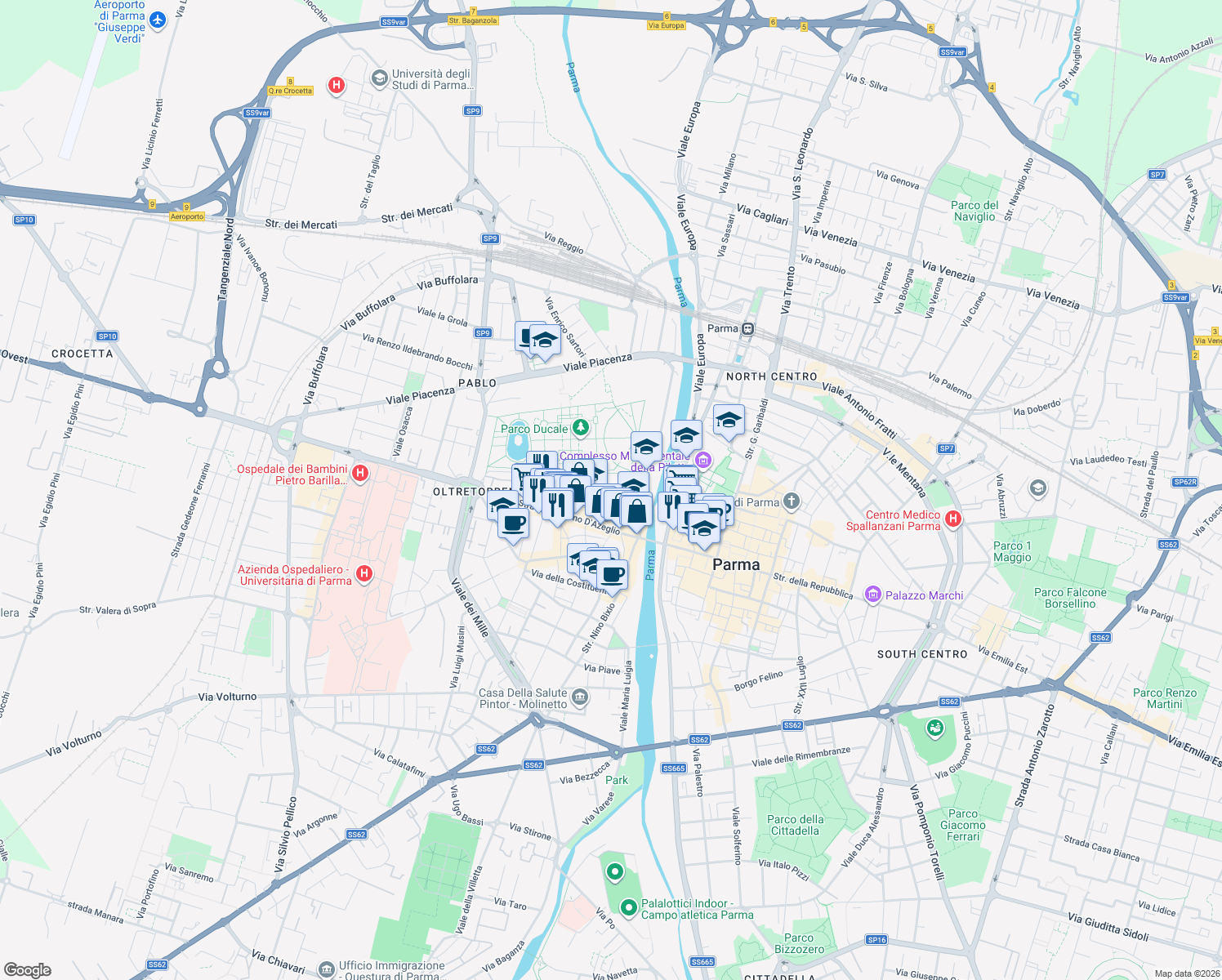 map of restaurants, bars, coffee shops, grocery stores, and more near 50 Piazzale Guiseppe Serventi in Parma