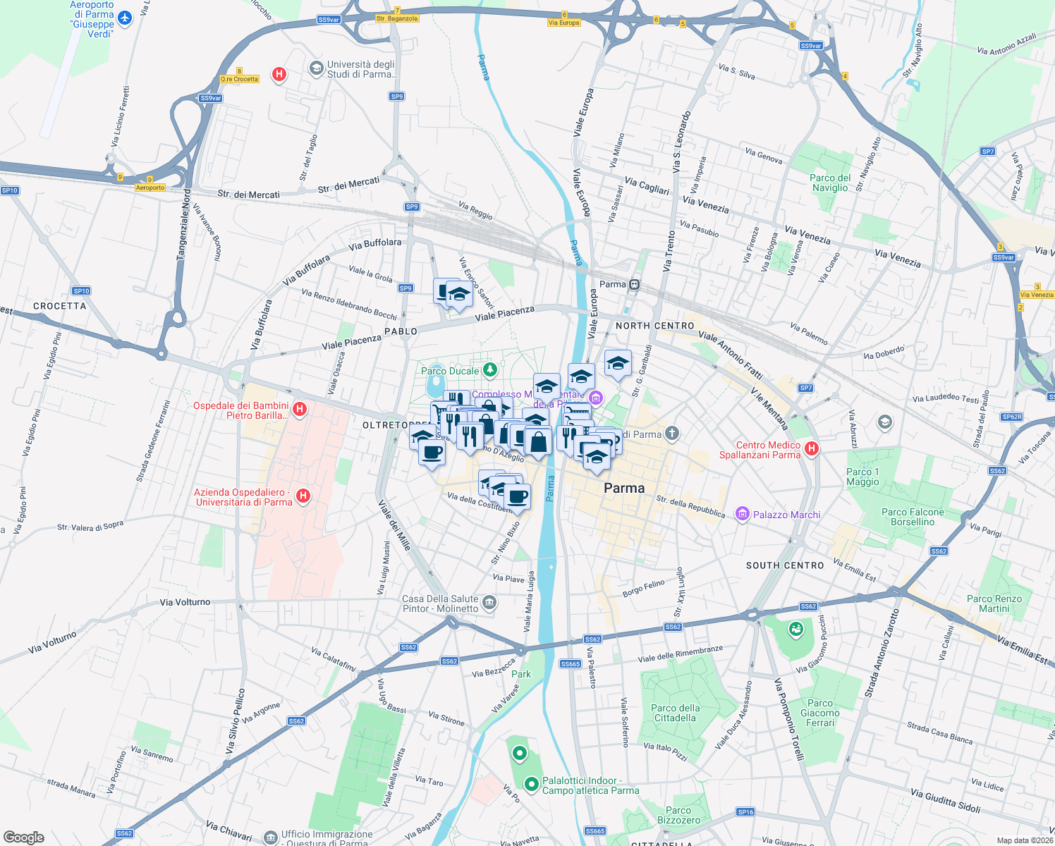 map of restaurants, bars, coffee shops, grocery stores, and more near 50 Piazzale Guiseppe Serventi in Parma