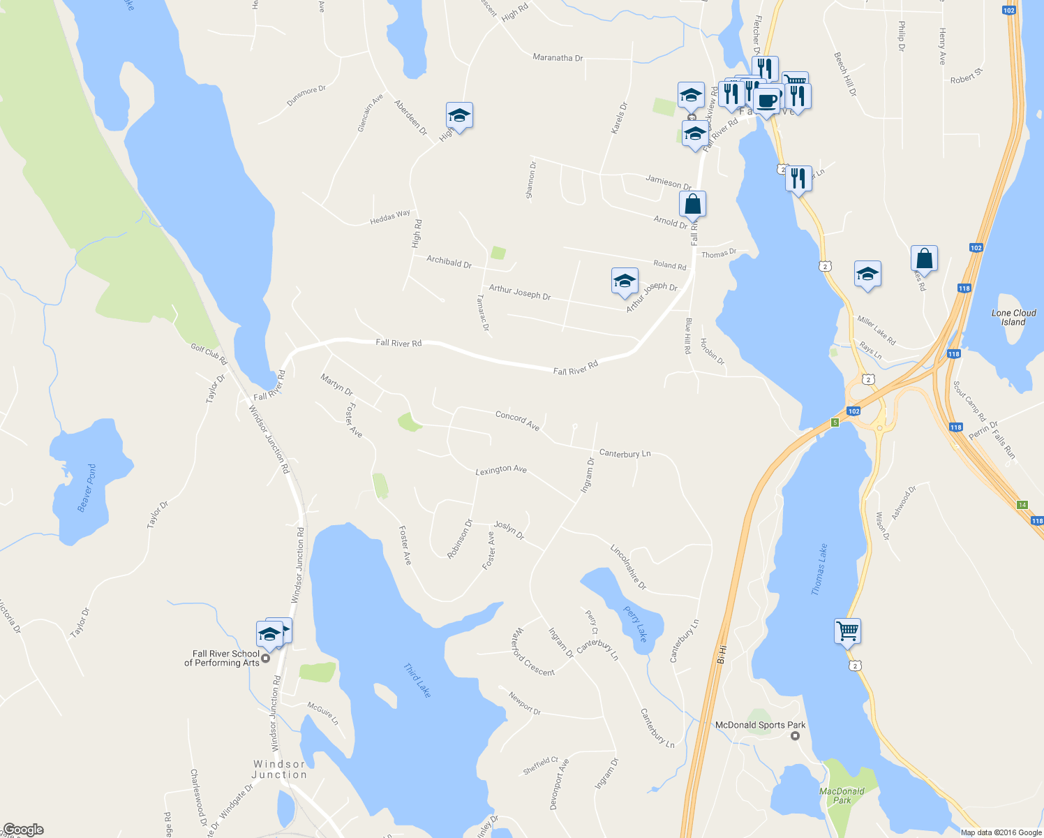 map of restaurants, bars, coffee shops, grocery stores, and more near 90 Concord Avenue in Fall River