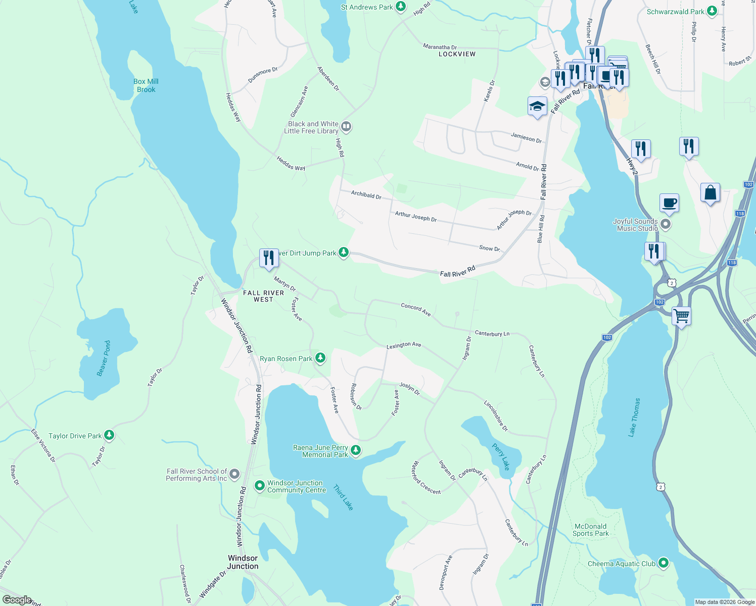 map of restaurants, bars, coffee shops, grocery stores, and more near 29 Concord Avenue in Fall River