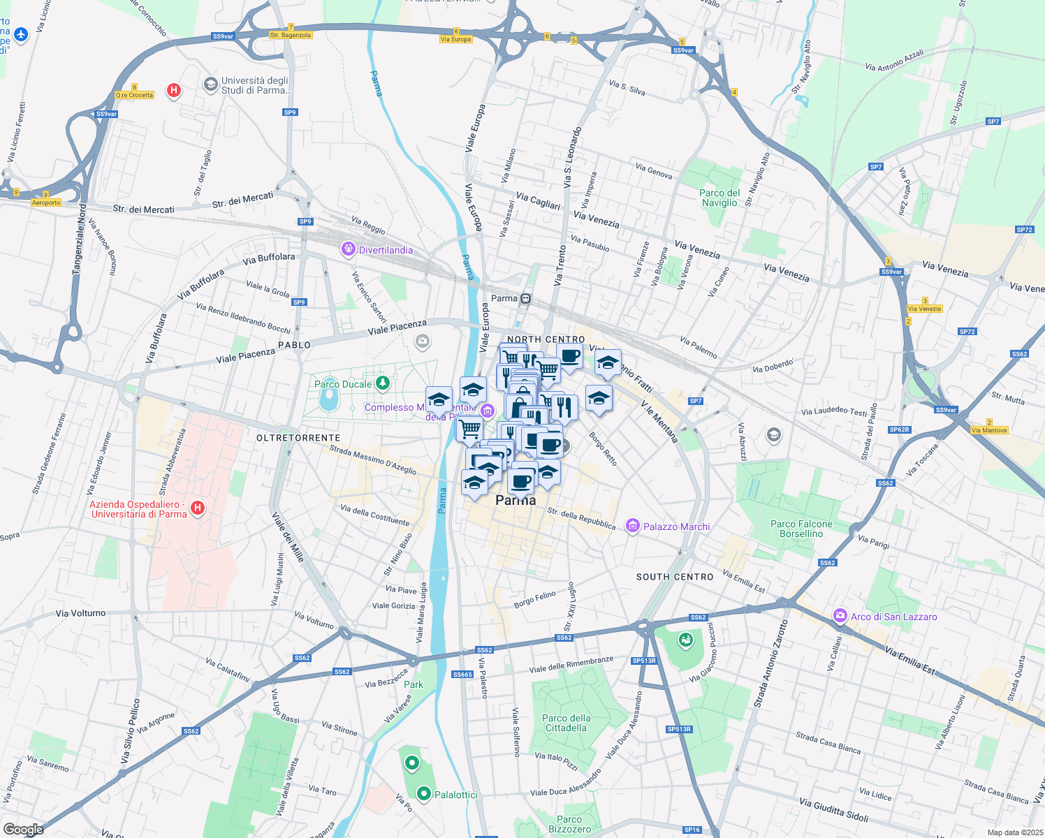 map of restaurants, bars, coffee shops, grocery stores, and more near 17-29 Strada Giuseppe Garibaldi in Parma