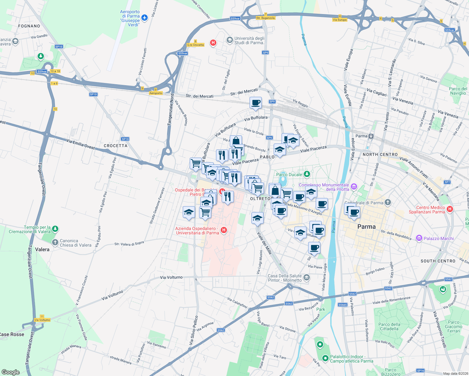 map of restaurants, bars, coffee shops, grocery stores, and more near 11 Via Gramsci in Parma