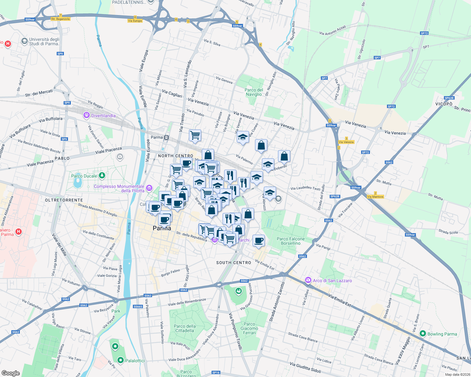 map of restaurants, bars, coffee shops, grocery stores, and more near 58 Viale Antonio Fratti in Parma