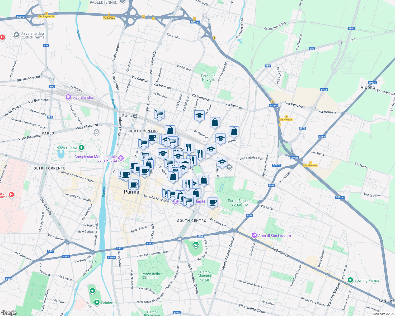 map of restaurants, bars, coffee shops, grocery stores, and more near 58 Viale Antonio Fratti in Parma