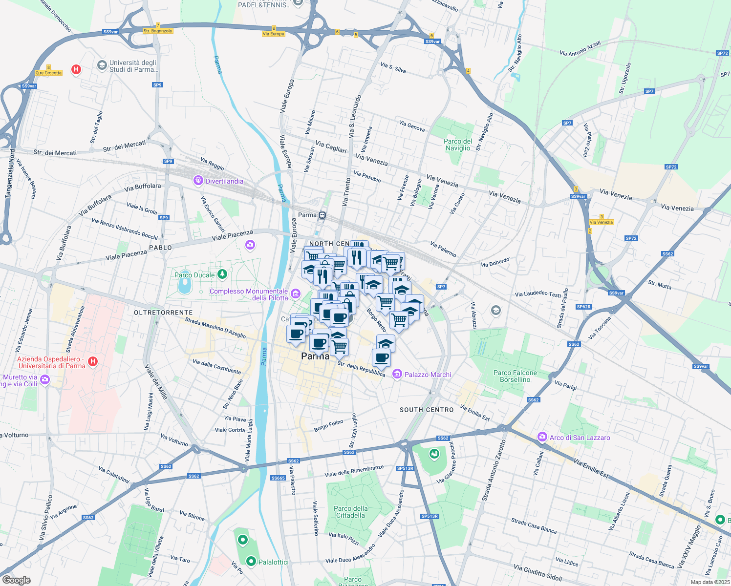 map of restaurants, bars, coffee shops, grocery stores, and more near 4-12 Borgo Retto in Parma