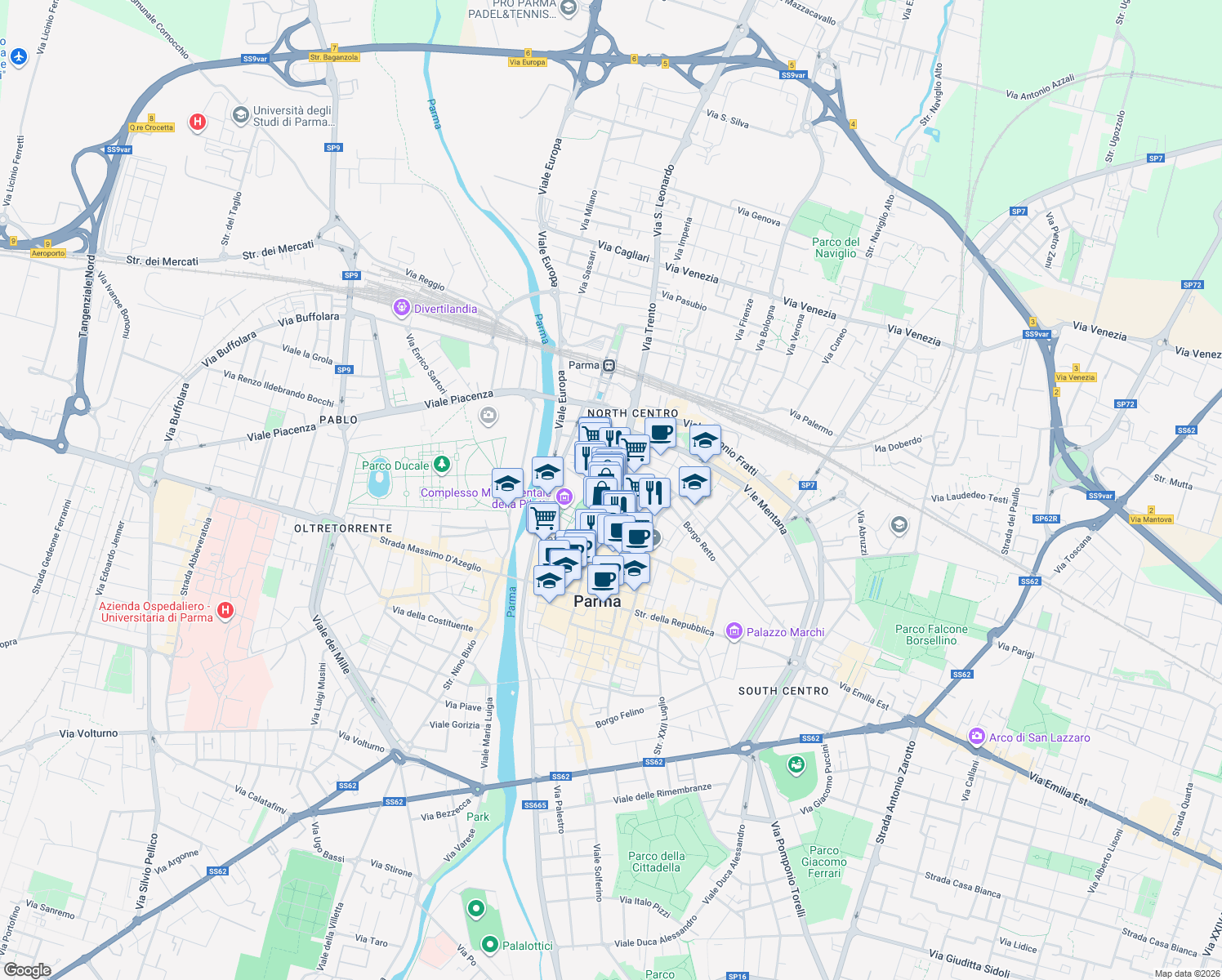 map of restaurants, bars, coffee shops, grocery stores, and more near 17-29 Strada Giuseppe Garibaldi in Parma