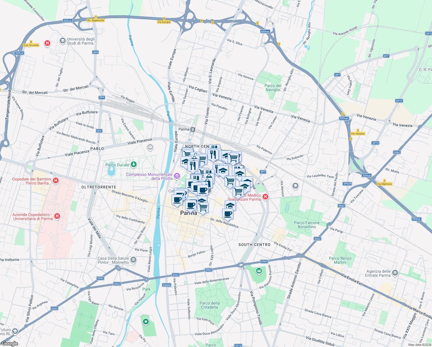 map of restaurants, bars, coffee shops, grocery stores, and more near 4-12 Borgo Retto in Parma