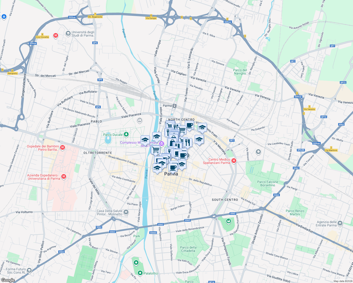 map of restaurants, bars, coffee shops, grocery stores, and more near 17-29 Strada Giuseppe Garibaldi in Parma