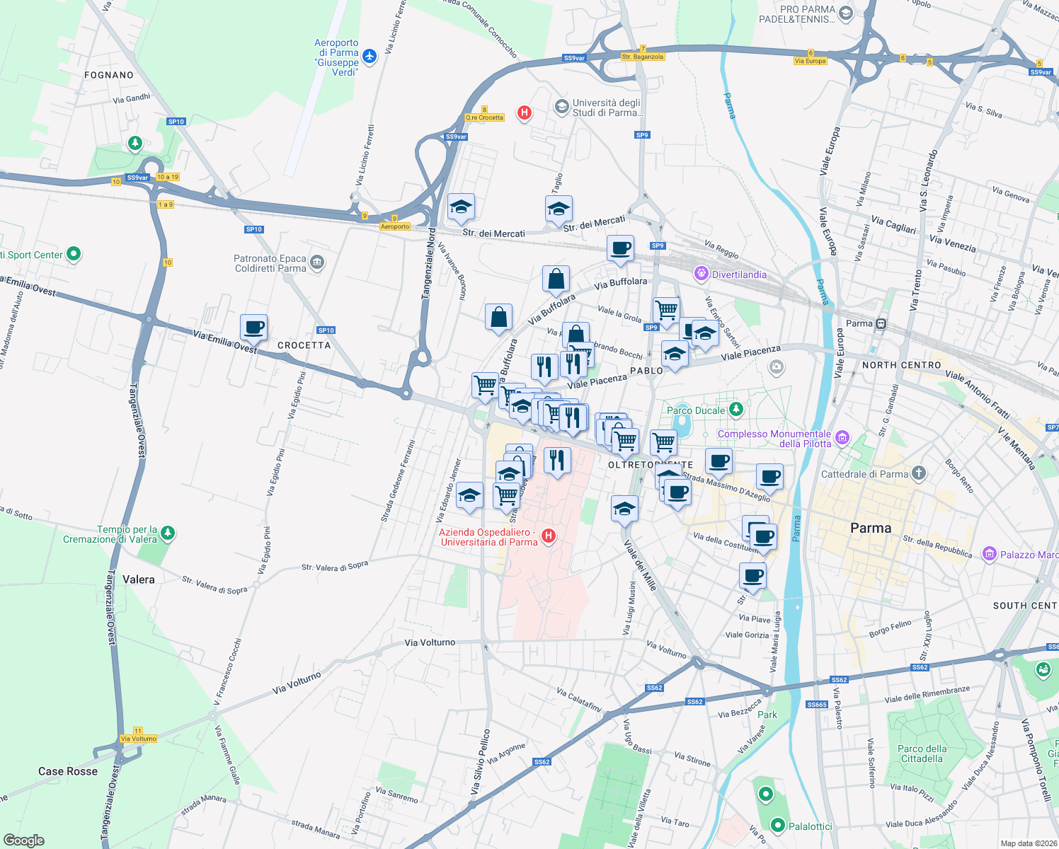 map of restaurants, bars, coffee shops, grocery stores, and more near 17 Via Edoardo Ughi in Parma