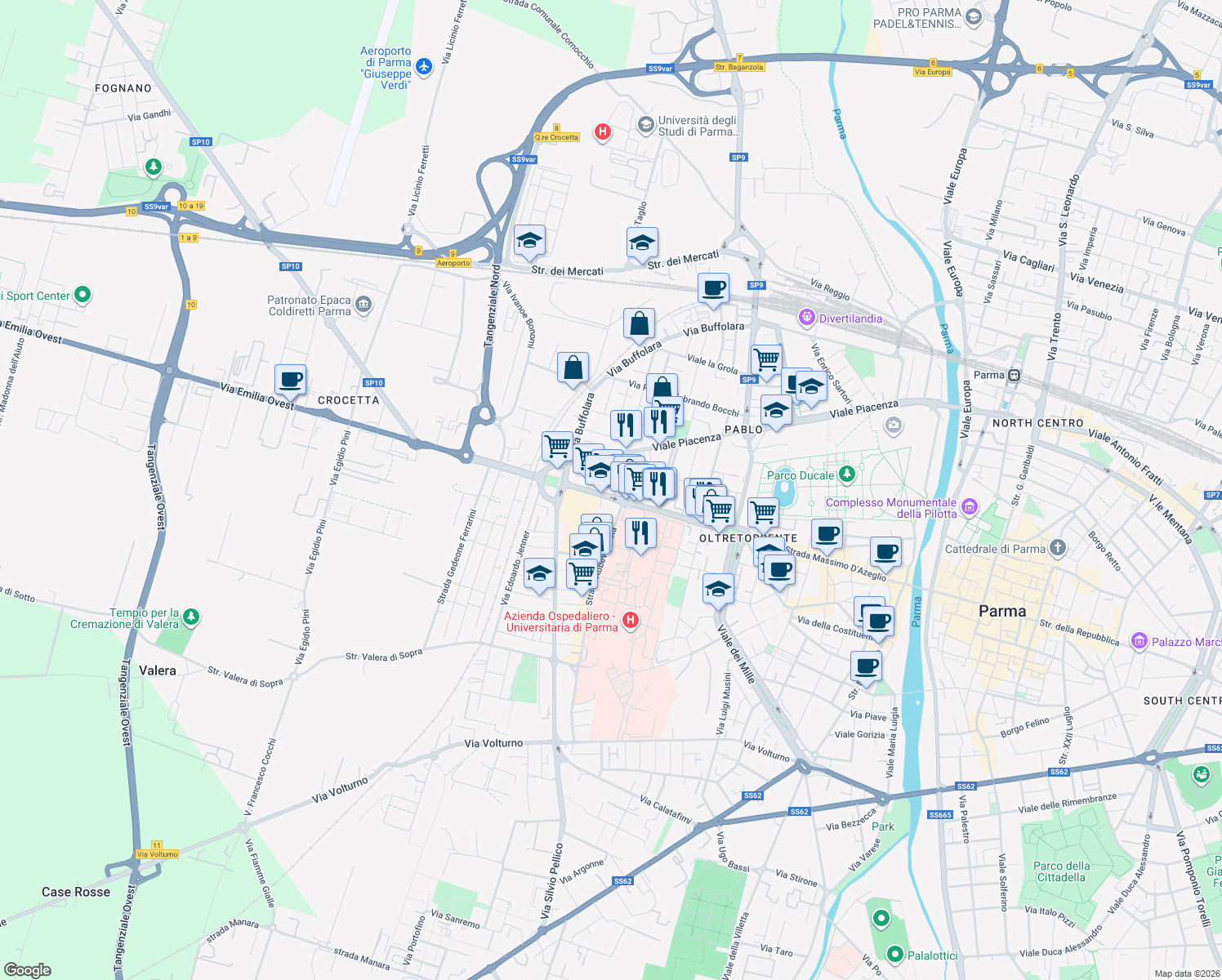 map of restaurants, bars, coffee shops, grocery stores, and more near 1-17 Via Edoardo Ughi in Parma