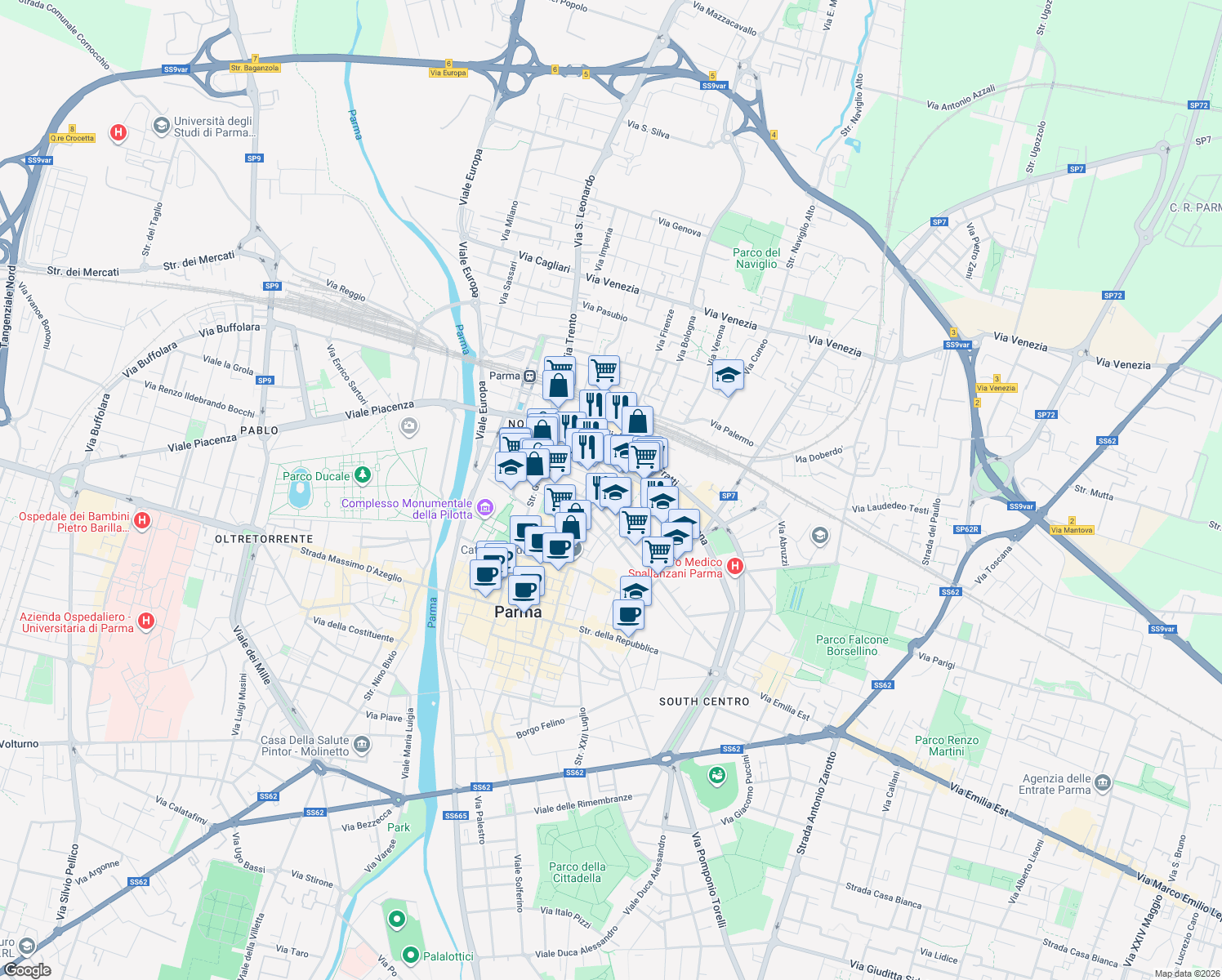 map of restaurants, bars, coffee shops, grocery stores, and more near 112 Viale Mentana in Parma