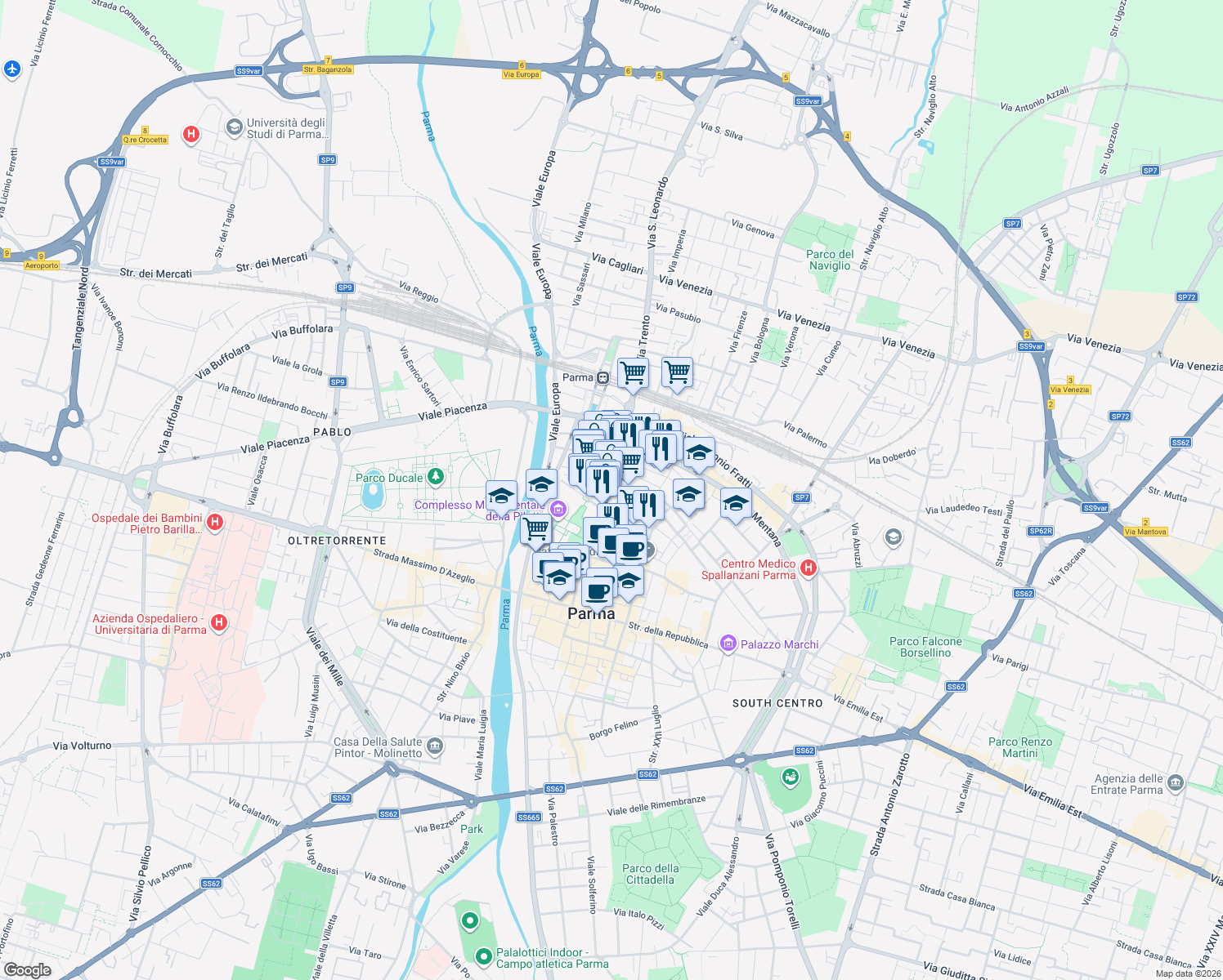 map of restaurants, bars, coffee shops, grocery stores, and more near 1/A Via Ireneo Affò in Parma