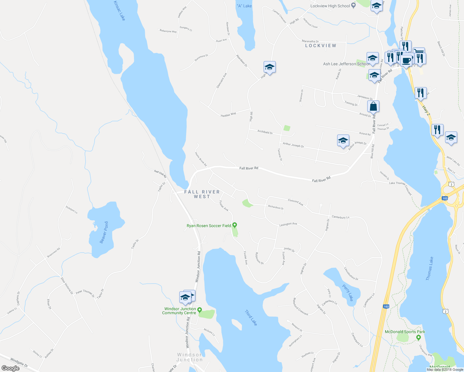 map of restaurants, bars, coffee shops, grocery stores, and more near 1 Flynn Avenue in Fall River