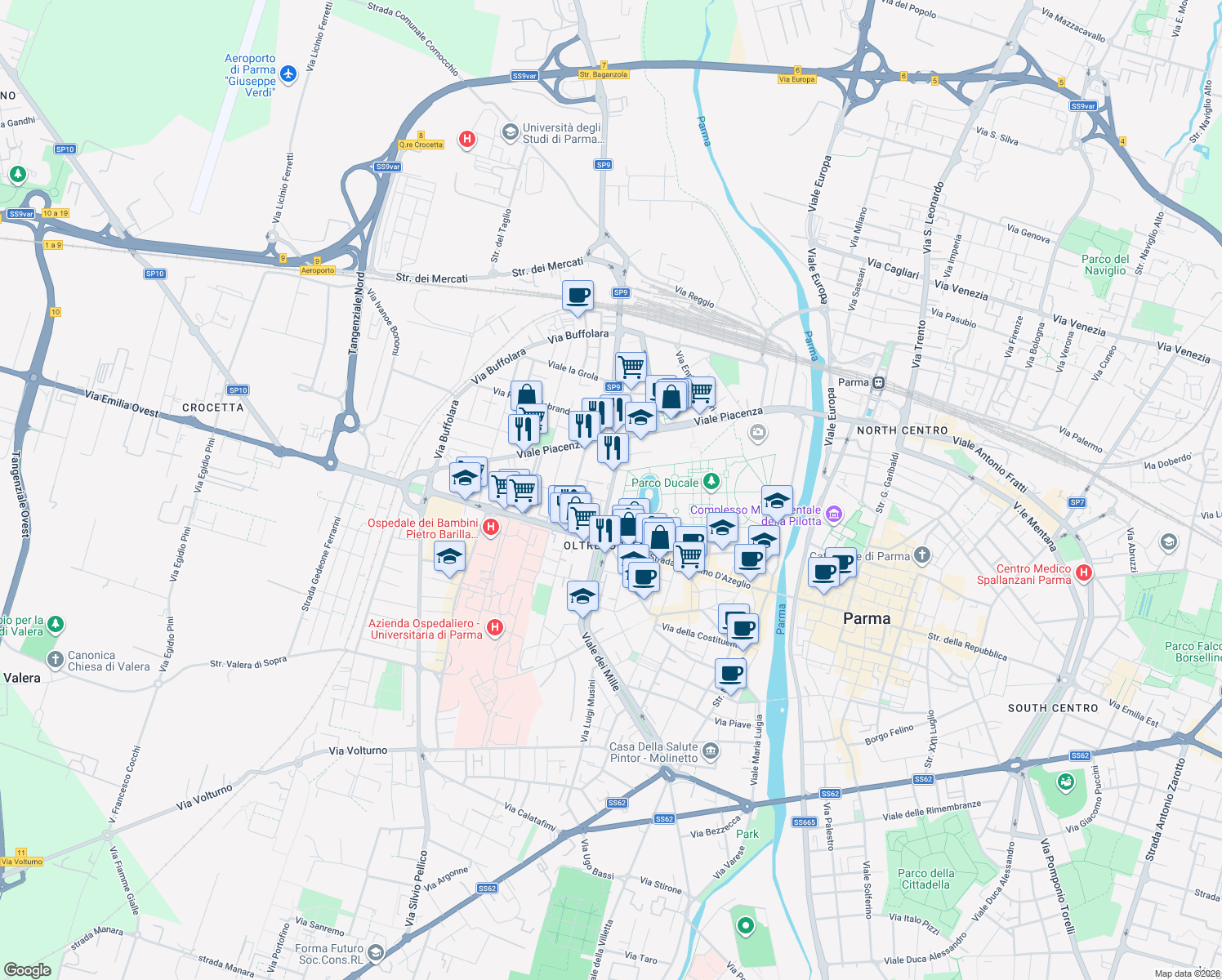 map of restaurants, bars, coffee shops, grocery stores, and more near 2-6 Via Pietro Martini in Parma