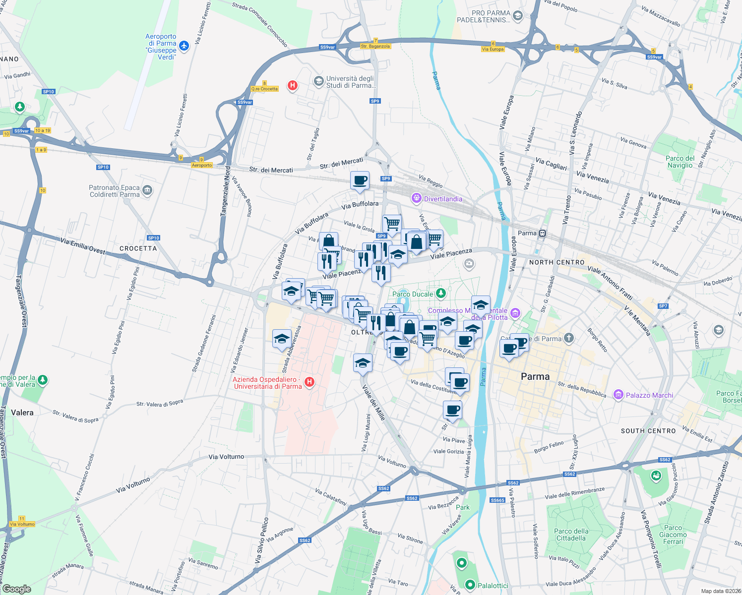 map of restaurants, bars, coffee shops, grocery stores, and more near 2-6 Via Pietro Martini in Parma