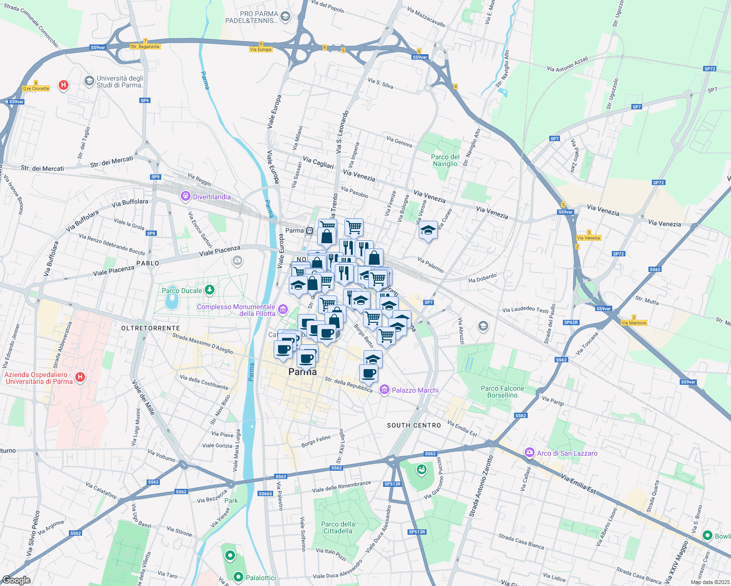 map of restaurants, bars, coffee shops, grocery stores, and more near 112 Viale Mentana in Parma