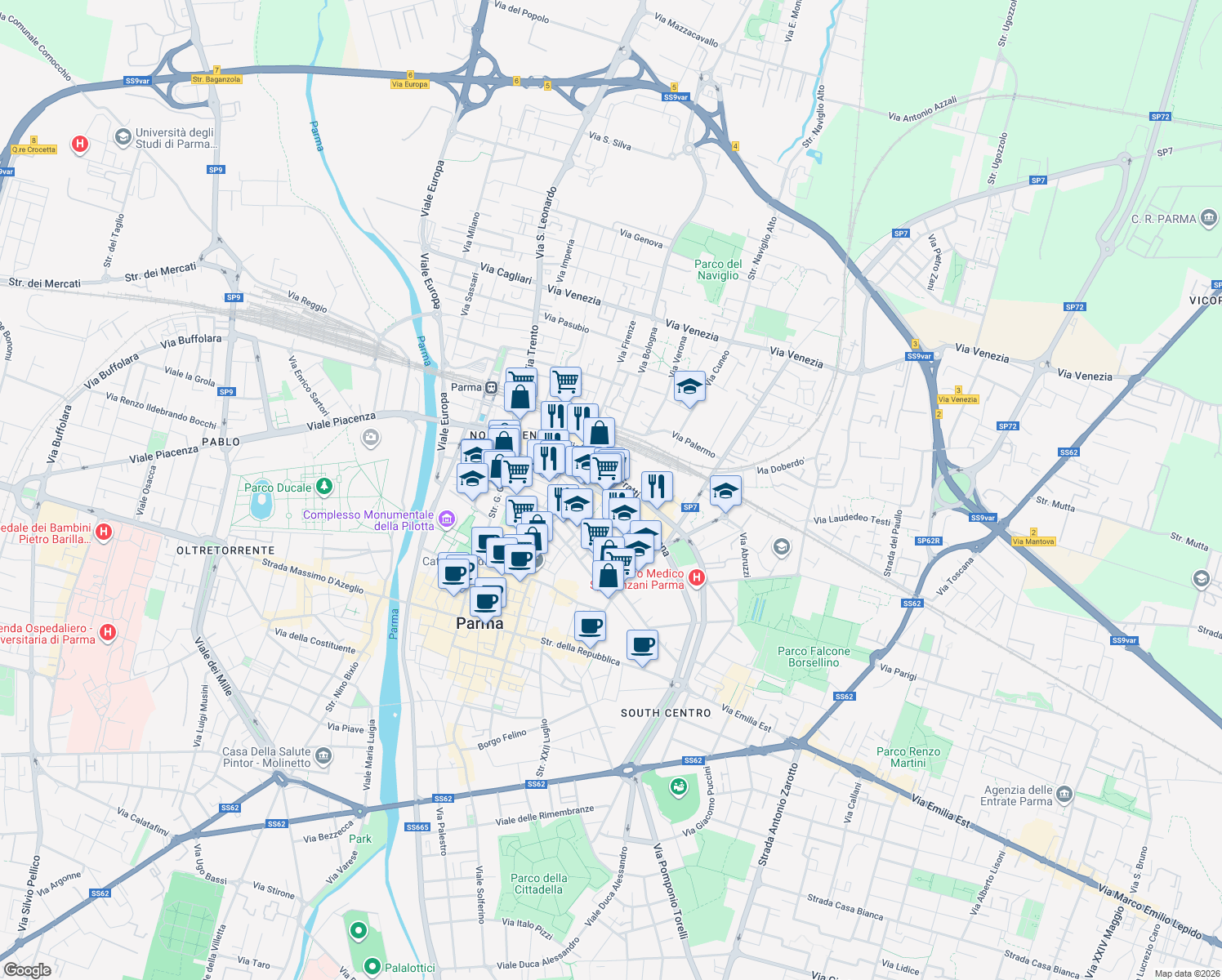 map of restaurants, bars, coffee shops, grocery stores, and more near 97 Viale Mentana in Parma