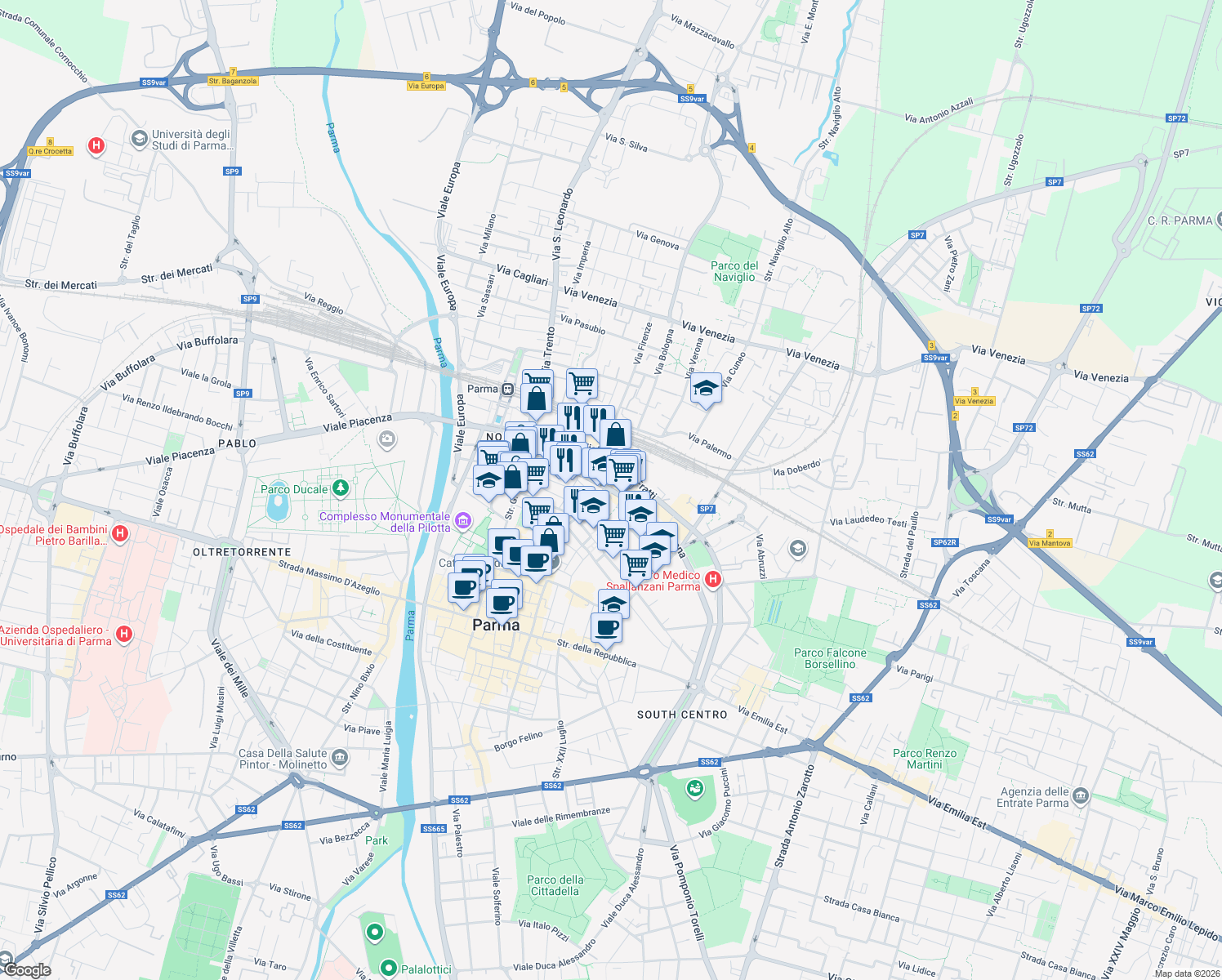 map of restaurants, bars, coffee shops, grocery stores, and more near 97 Viale Mentana in Parma