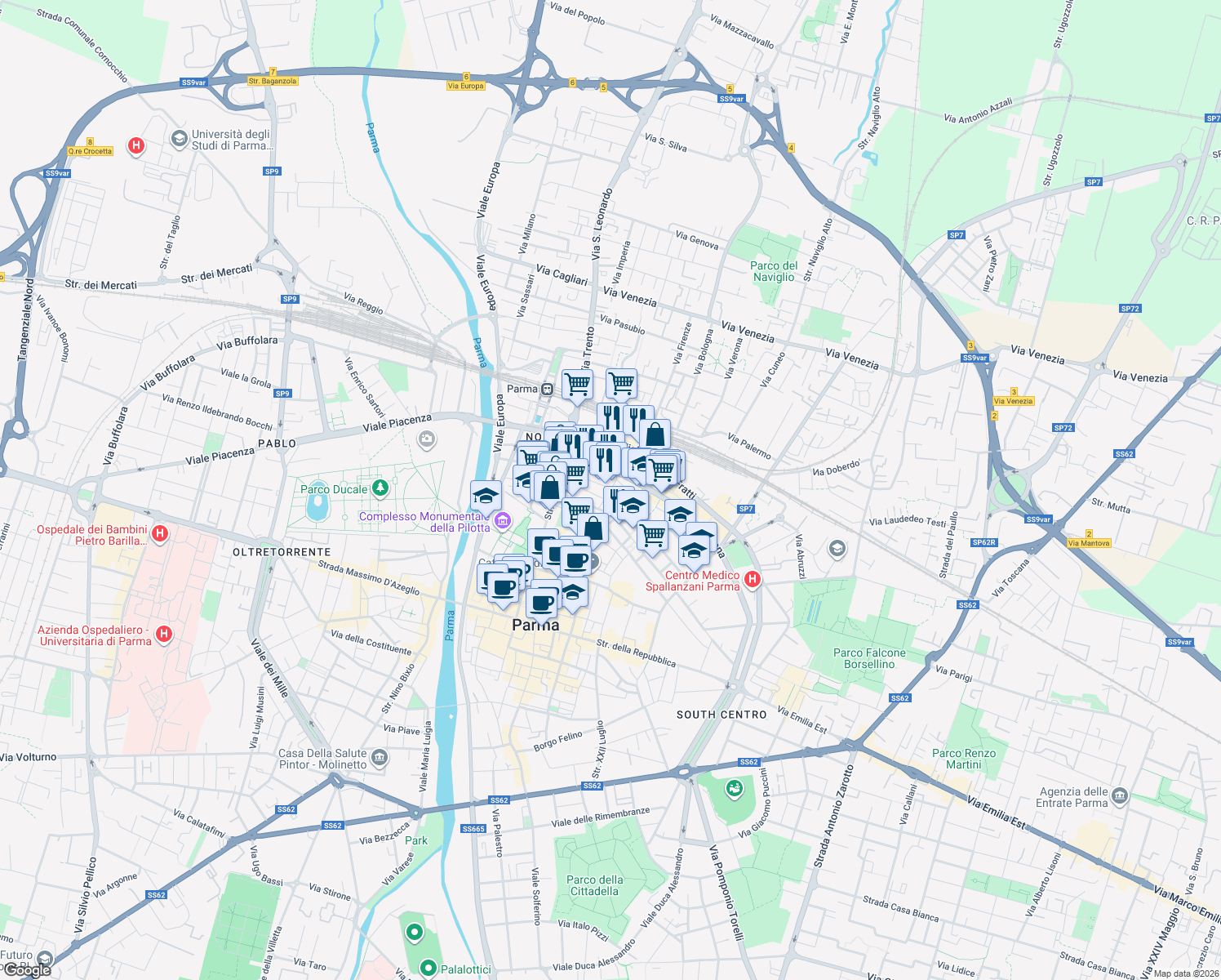 map of restaurants, bars, coffee shops, grocery stores, and more near 47 Strada XX Settembre in Parma