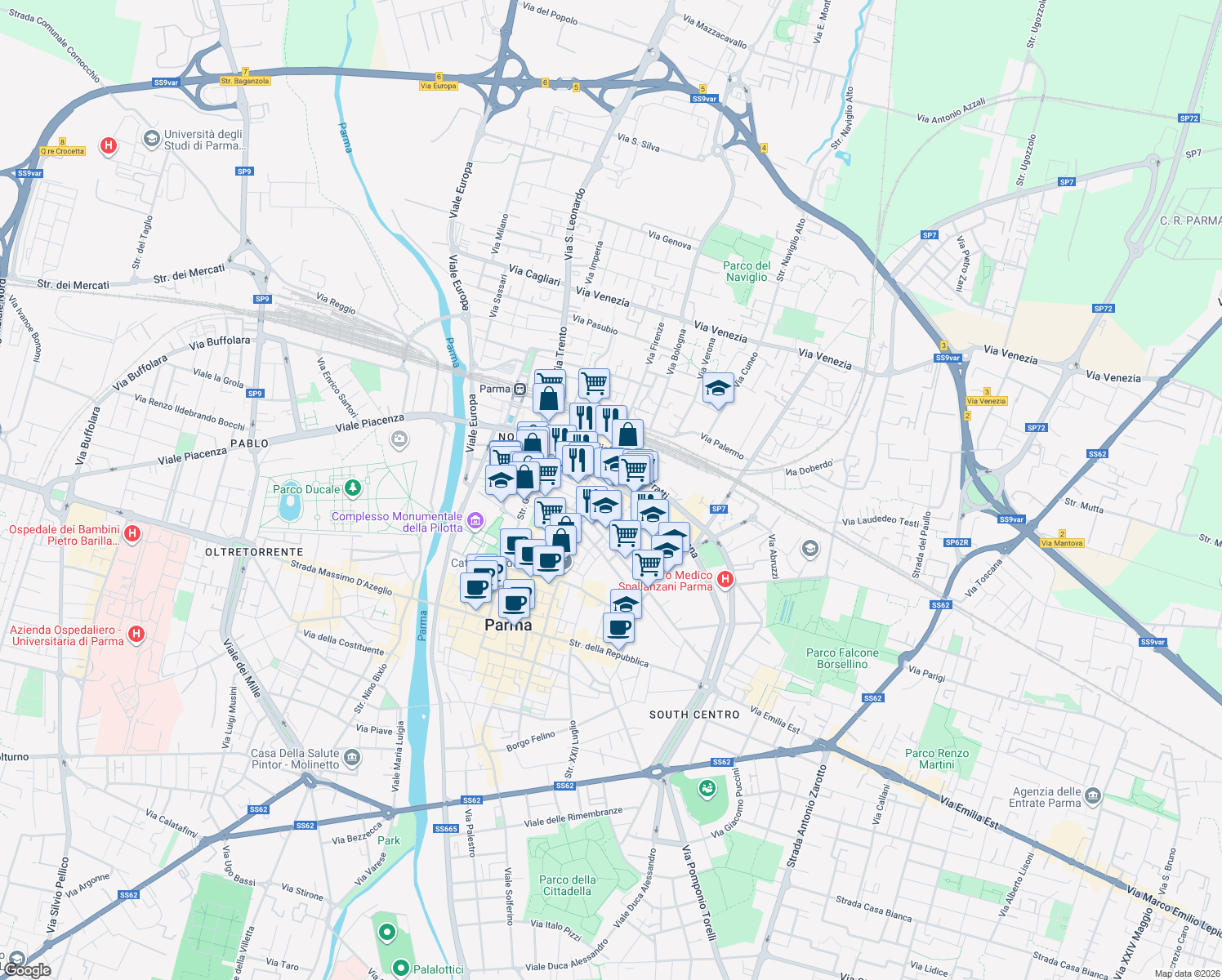 map of restaurants, bars, coffee shops, grocery stores, and more near 112 Viale Mentana in Parma