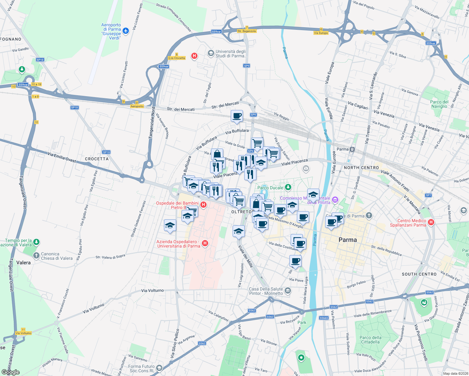 map of restaurants, bars, coffee shops, grocery stores, and more near 10 Via Marchesi Luigi e Salvatore in Parma