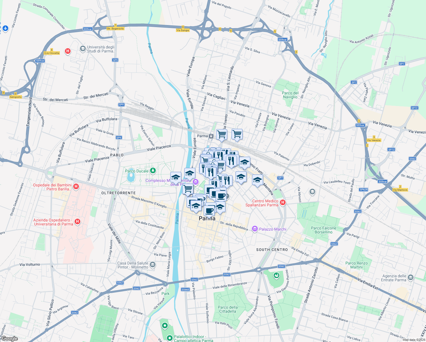 map of restaurants, bars, coffee shops, grocery stores, and more near 1 Via Ireneo Affò in Parma