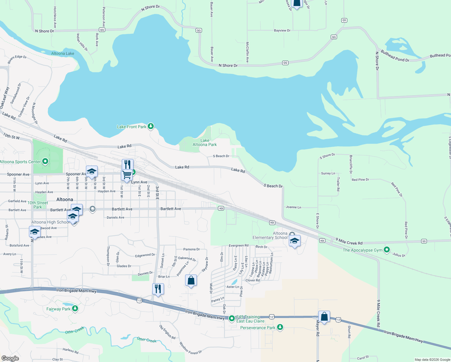 map of restaurants, bars, coffee shops, grocery stores, and more near 427 Lake Road in Altoona
