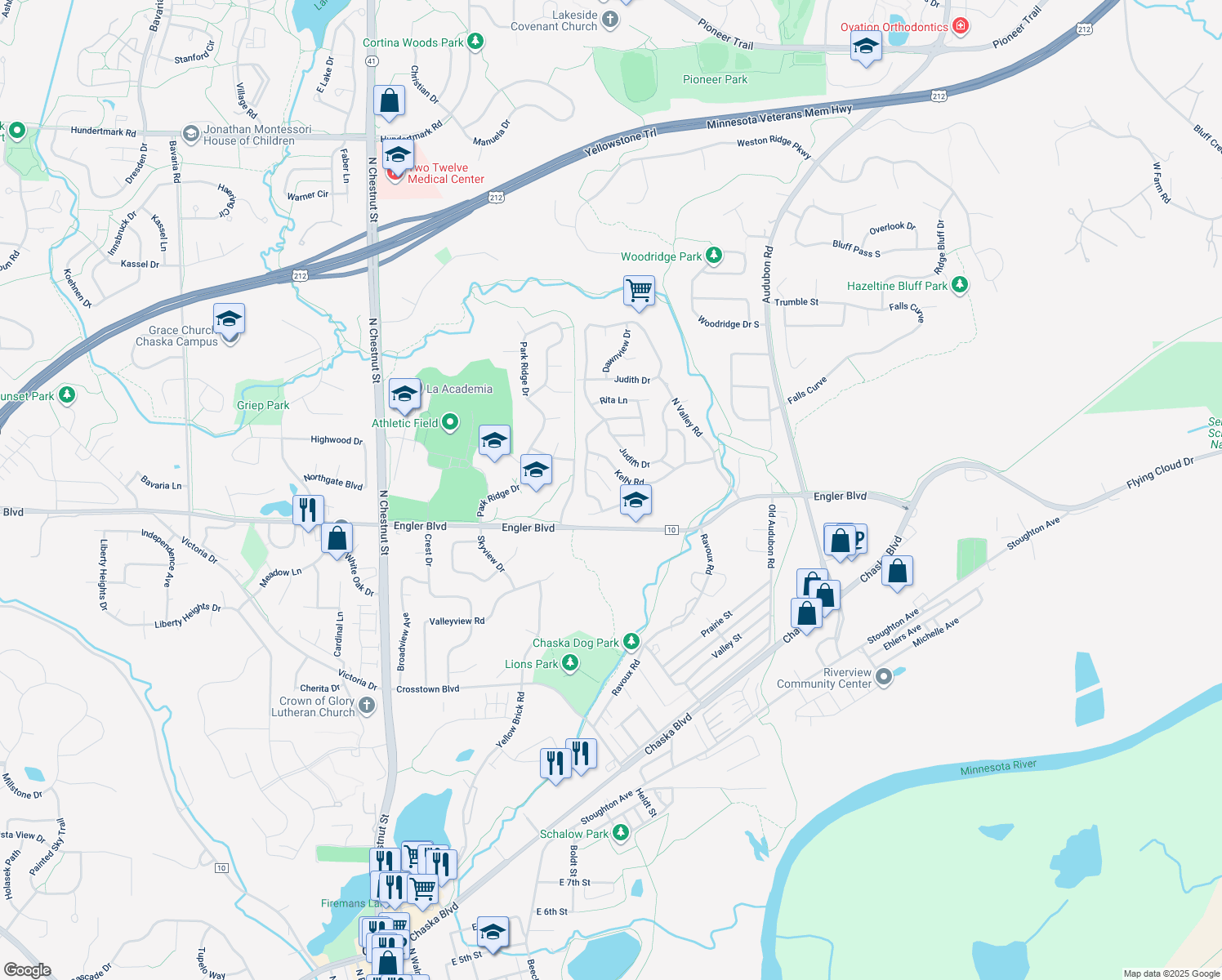 map of restaurants, bars, coffee shops, grocery stores, and more near 57 Carole Lane in Chaska