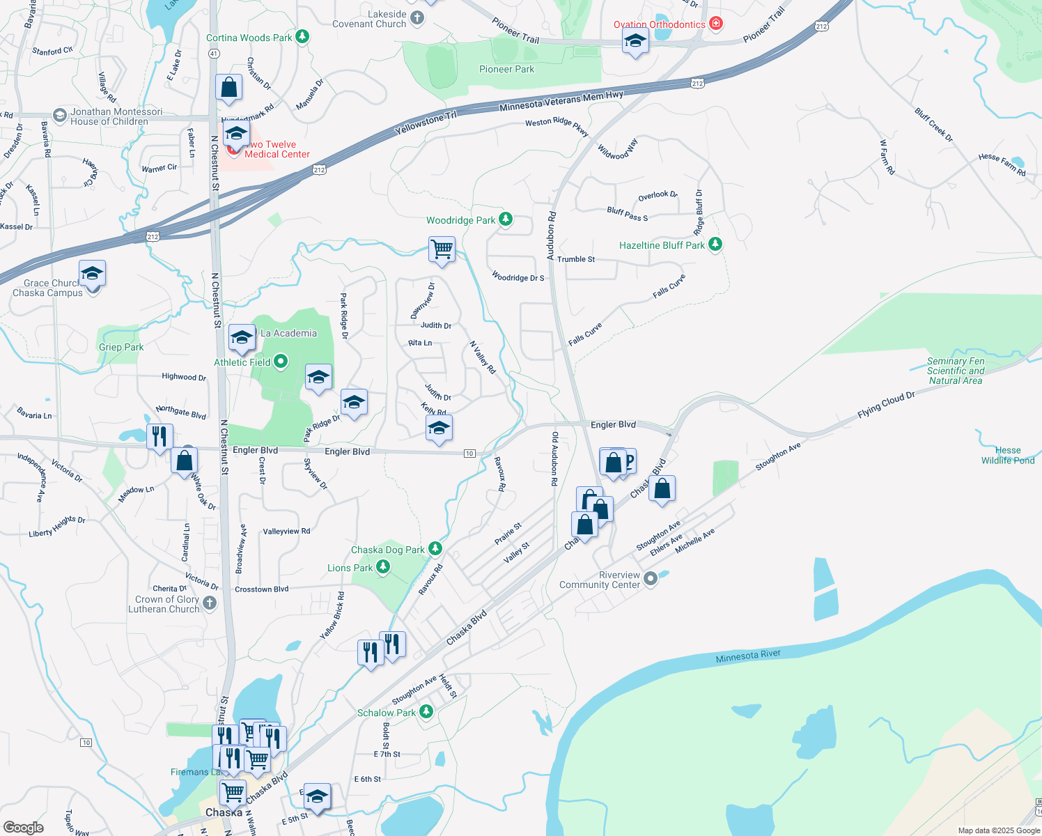 map of restaurants, bars, coffee shops, grocery stores, and more near 63 Brandon Boulevard in Chaska