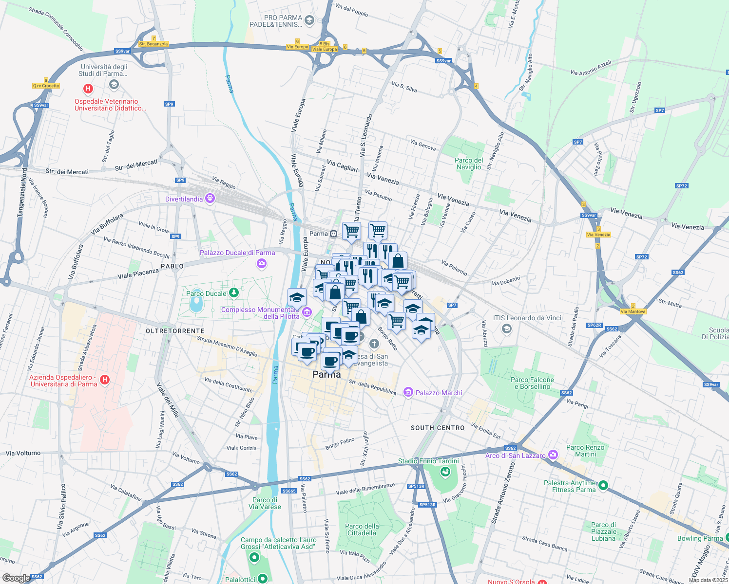 map of restaurants, bars, coffee shops, grocery stores, and more near 47 Strada XX Settembre in Parma