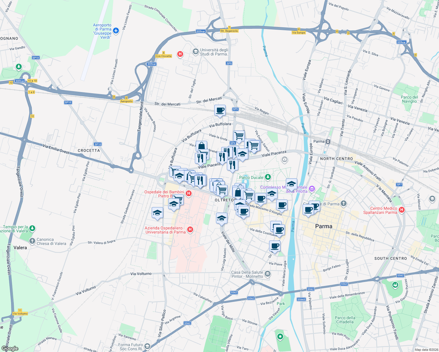 map of restaurants, bars, coffee shops, grocery stores, and more near 10 Via Marchesi Luigi e Salvatore in Parma
