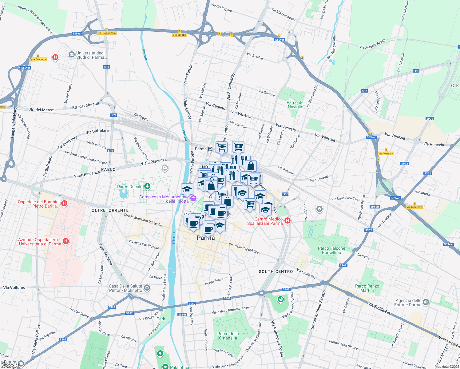 map of restaurants, bars, coffee shops, grocery stores, and more near 47 Strada XX Settembre in Parma