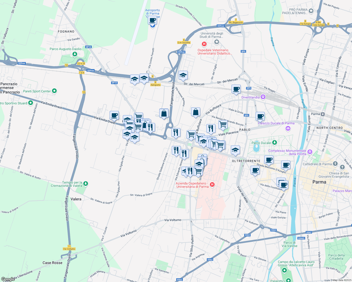 map of restaurants, bars, coffee shops, grocery stores, and more near 4 Via Emilia Ovest in Parma