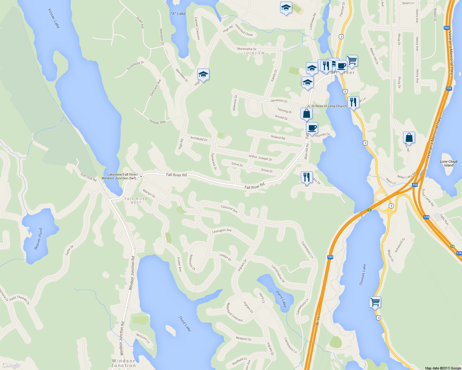map of restaurants, bars, coffee shops, grocery stores, and more near 1059 Fall River Road in Fall River