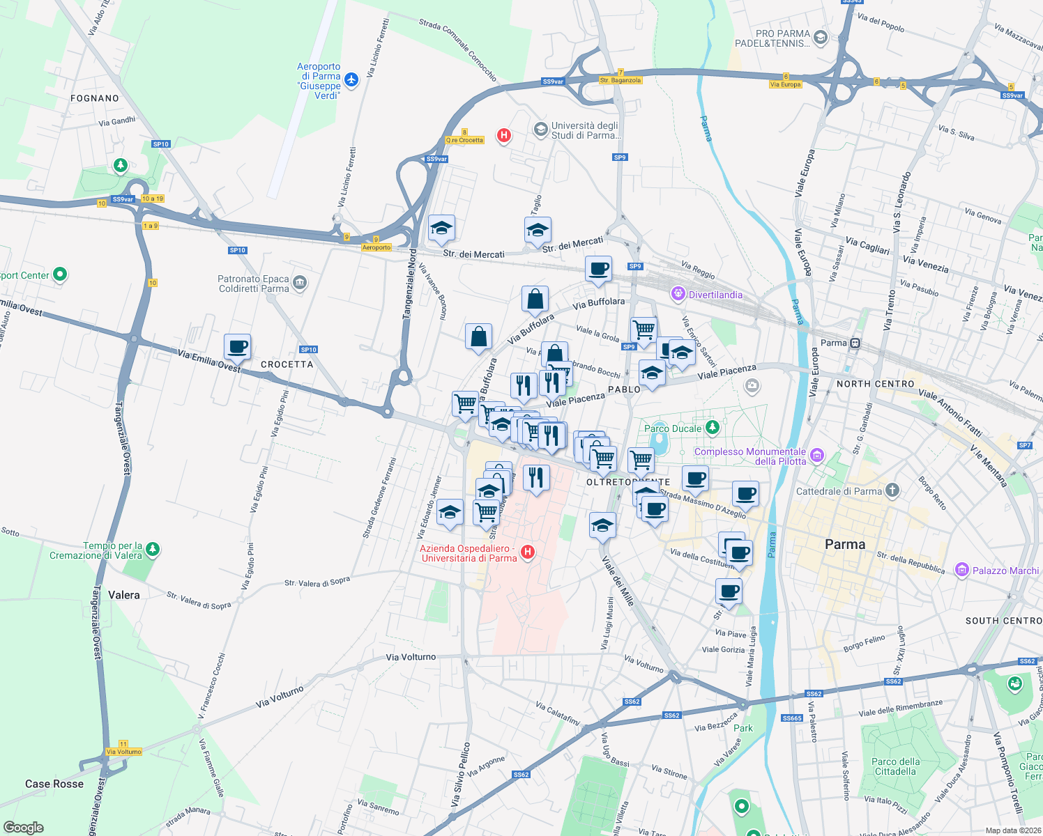 map of restaurants, bars, coffee shops, grocery stores, and more near 1-17 Via Edoardo Ughi in Parma